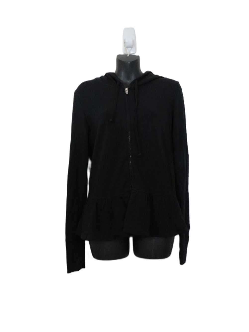 Aiko size Medium Full Zip Black Hoodie Ruffle Hem Slit Fit Basic Casual